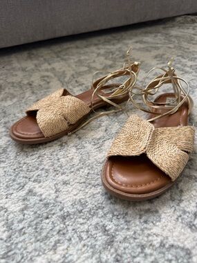 Crown Natural Woven Bow Sandals with Gold Wrap Laces